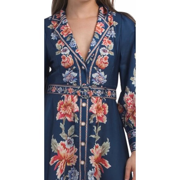 Dalia MacPhee Floral Maxi Dress Belted Button Front Sz Large NEW $250 Navy - Picture 3 of 13